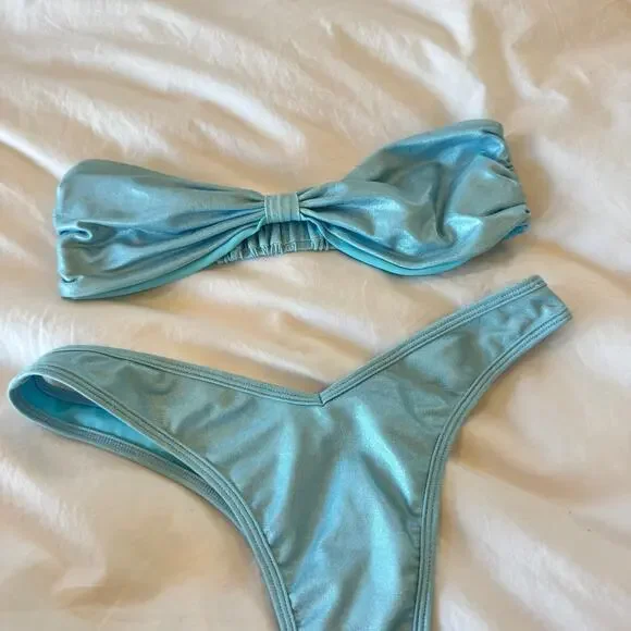 VDM Billie Bandeau Bikini Set Size S Shimmer Baby Blue Top & Bottom Swimwear - Picture 3 of 6